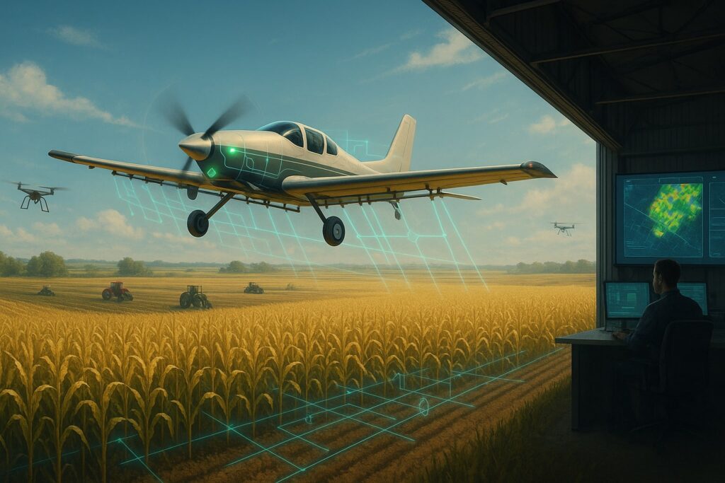 In the foreground, a sleek autonomous crop duster aircraft fitted with glowing lidar sensors and an oversized spray boom glides low over vast, golden cornfields. Its flight path is highlighted by a transparent digital overlay of precision GPS tracks and agronomic data. Below, scattered drones buzz over smaller plots near old-fashioned tractors, symbolizing past and present. In the hazy background, a control station monitors AI-generated spray maps on massive screens inside a modern farm hangar. Skies are clear blue with wispy clouds, and the mood evokes both technological promise and agricultural urgency.