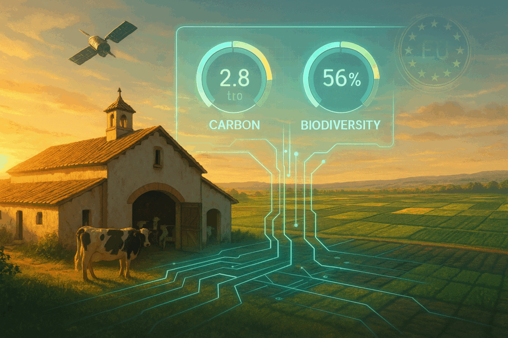 ODOS illustration: In the foreground, a traditional Spanish dairy cooperative barn merges into a sleek, holographic dashboard floating above green fields. The dashboard displays real-time carbon and biodiversity gauges linked by glowing circuit lines that run across satellite-lit farmland mosaics. Overhead, a small Earth-observation satellite beams data down, while an EU flag–styled compliance stamp hovers faintly in the sky. Golden sunrise light paints both barn and fields, symbolising a new era of climate-smart farming.