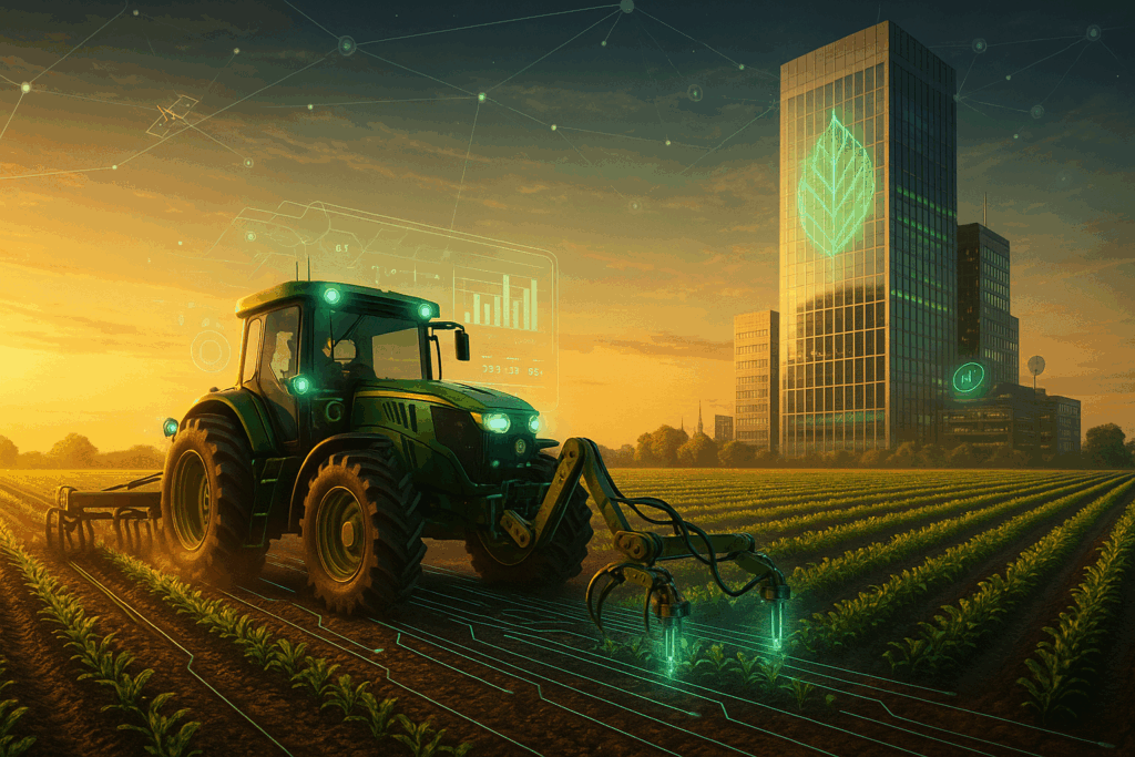  In the foreground, a high-tech tractor equipped with glowing AI sensors and robotic arms navigates neat rows of crops under golden-hour light. Each row has embedded circuit-like lines, symbolizing data flow. In the mid-ground, a translucent overlay shows charts and yield metrics floating above the fields. In the background, a stylized Swiss bank tower looms behind the landscape, its façade subtly morphing into a holographic green leaf motif. Sky shows network nodes connecting satellites and sensors, hinting at climate and ESG monitoring.
