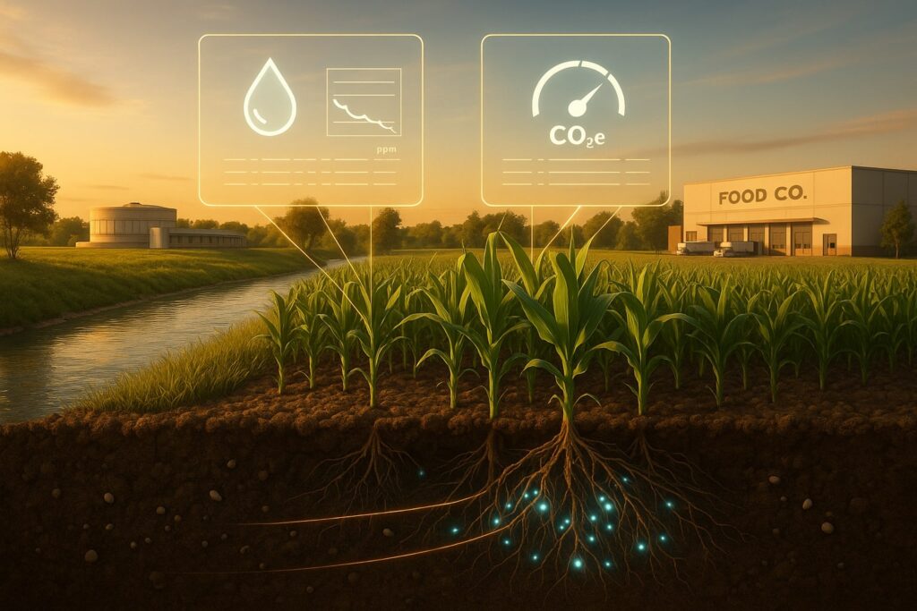 Pivot Bio SWOF Illustration: Foreground is a split cross-section of Midwestern corn rows—roots visibly colonized by faintly glowing blue microbial nodules, with fewer synthetic granules on the soil surface. Mid-ground: a clear stream leading left to a modern water-treatment plant; to the right, a stylized food-company distribution center. Above the field, two translucent “ledgers” hover: one with a water-drop motif and a nitrate-ppm graph flowing toward the plant; the other with a CO₂e-intensity gauge flowing toward the warehouse. Each ledger shows distinct serial-number-like glyphs to imply separate claims. Thin golden data lines connect the field to both ledgers, suggesting MRV.