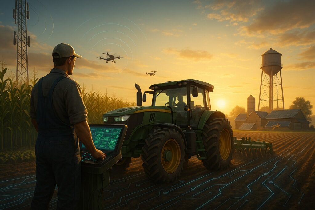 In the foreground, a farmer in modern overalls operates a sleek GPS-guided tractor, its dashboard lit with glowing precision-farming data. To the left, broadband towers rise above cornfields, emitting faint arcs of connectivity that link to sensors and drones hovering over the crops. On the right, a small-town skyline with a newly built water tower, solar panels, and an upgraded grain processing plant glows in the morning sun. Faint circuit lines run through the soil, connecting farms, infrastructure, and community buildings, symbolizing the fusion of technology and rural revitalization.