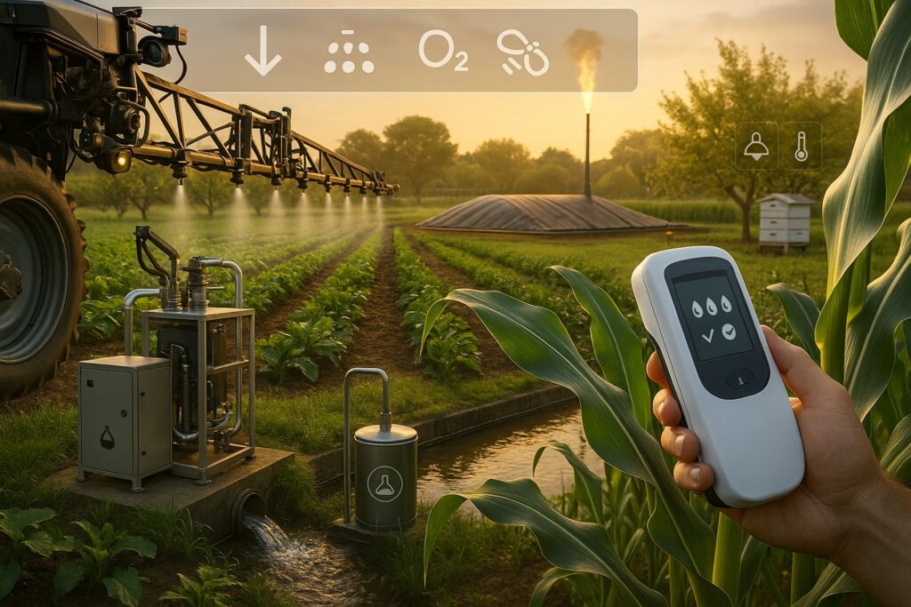 Grow-NY Illustration: Foreground left: a self-propelled sprayer boom with camera pods switches nozzles on/off, visibly skipping green weeds between crop rows. Foreground right: a handheld leaf-tissue scanner takes a reading on a corn leaf; a minimal HUD (icon-only) shows NPK dots and a tiny “check” symbol—no numbers or words. Mid-ground left: a compact electrochemical skid beside a food-processor outfall, with clear pipes feeding a small tank labeled only by a neutral chemical icon to imply ammonium recovery. Mid-ground right: a covered manure lagoon with a simple flare stack burning cleanly. Background: a specialty-crop block with neatly placed beehives; subtle telemetry glyphs (bee/temperature/sound icons) hover above a hive. Above the whole scene, a translucent “farm ledger” bar with icon-only rows (spray droplet, fertiliser granule, methane bubble, bee) and downward arrows implies cost reduction. Golden-hour light; high contrast; steel, glass, water, soil, crop greens; shallow depth-of-field