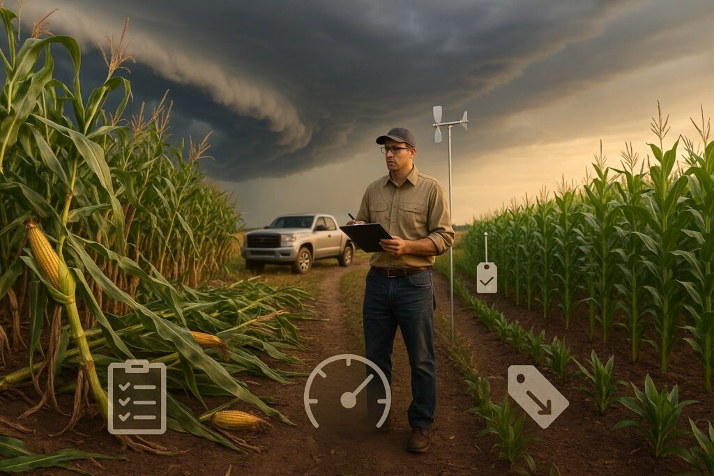 left pane shows tall conventional corn partially lodged after a gust, a few stalks snapped (greensnap implied); right pane shows a shorter, sturdier hybrid row standing upright. Mid-ground: a neutral insurance adjuster with a clipboard near a pickup assessing damage; a simple wind meter on a post. Background: an approaching storm shelf cloud over a Midwestern field and a cleaner sky breaking on the short-corn side.