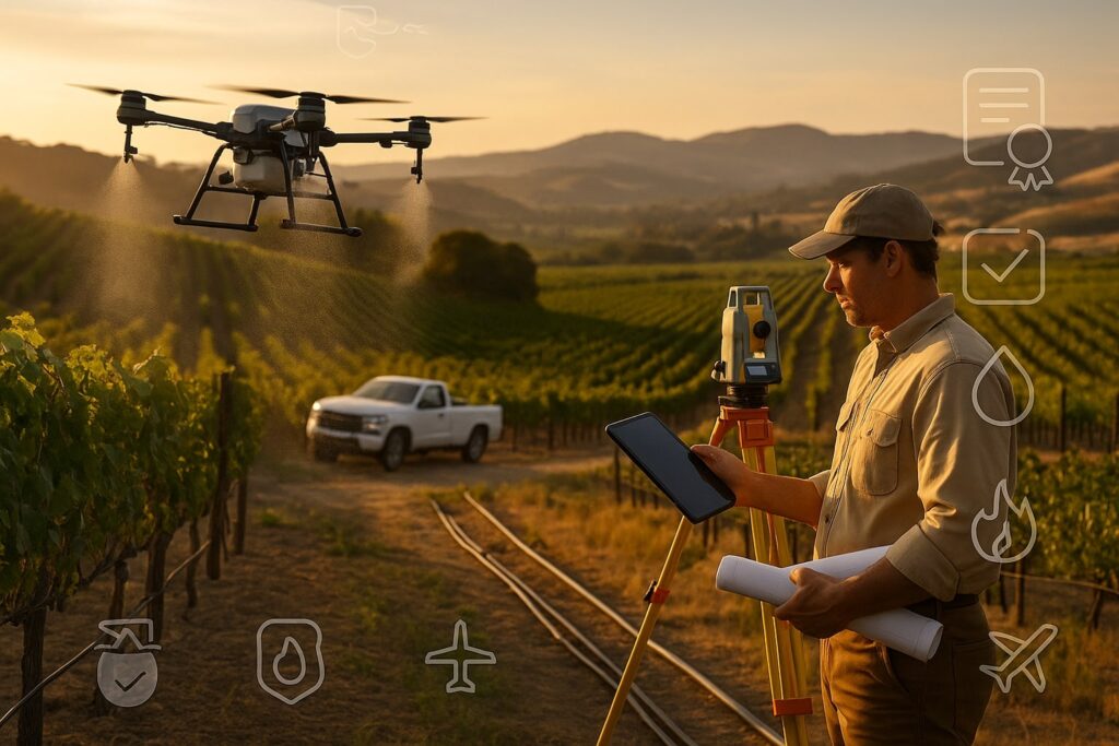 Representational graphic of a golden-hour vineyard scene: a generic spray drone releases a fine mist over terraced rows; a field engineer with tablet stands by a survey tripod and rolled plan; an unbranded white pickup sits near drip-irrigation lines. Faint icon-only overlays (permit stamp, checklist tick, water-drop, fire symbol, aircraft) imply compliance, irrigation analytics, wildfire risk monitoring, and flight operations. No logos or readable text.