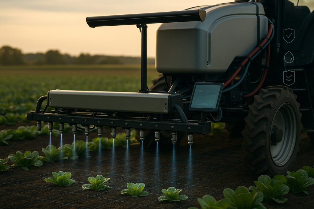 An unbranded field sprayer applies narrow micro-bursts to selected lettuce plants while nearby plants remain dry; a generic sensor bar and faint grid overlays suggest centimetre-level mapping.
