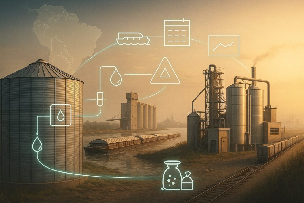 Mississippi River at golden hour with a grain barge convoy idling beside a plain river elevator at low water. Opposite, a generic soybean crush plant and small control cabinet; railcars head toward the plant. Left foreground, a grain bin with a discreet sensor cable; a thin glowing line links the bin to icons for basis (delta), oil-and-meal, a line chart, and a calendar. In the background, a faint map ribbon shows Brazil glowing and the U.S. Gulf muted. People-free; no brands or readable text.