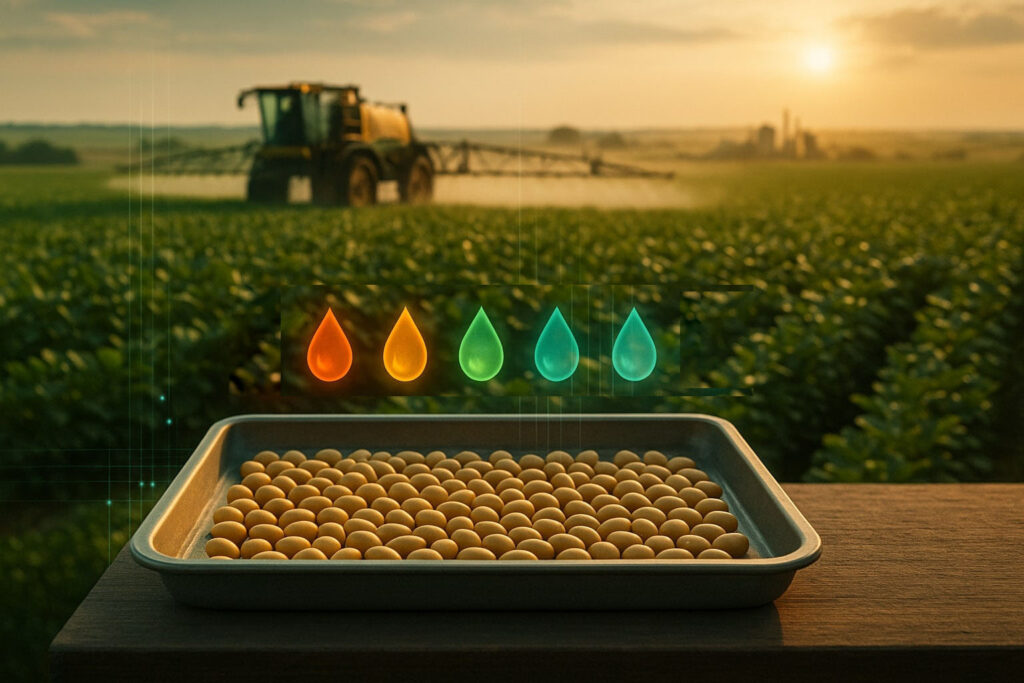 Wide, cinematic illustration of a soybean field at late afternoon in Brazil. In the foreground, a metal tray on a wooden table holds neat rows of golden soybean seeds. Above the tray, five semi-transparent, differently coloured glowing droplets float in a line, representing five herbicides. Behind them, an unbranded self-propelled sprayer moves through a dense green soybean field, releasing a fine mist, with faint digital grid lines overlaying the scene to suggest precision agriculture. In the far background, rolling fields and a few generic grain silos fade into a hazy, warm sky at sunset.