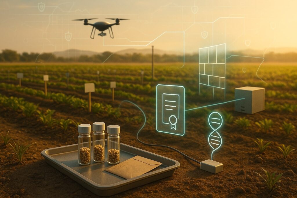 Cinematic editorial illustration showing a research farm at sunset with seed vials on a tray connected by glowing data lines to a drone, sensors, and a digital firewall overlay, representing China’s tightening controls on agricultural data and germplasm security.