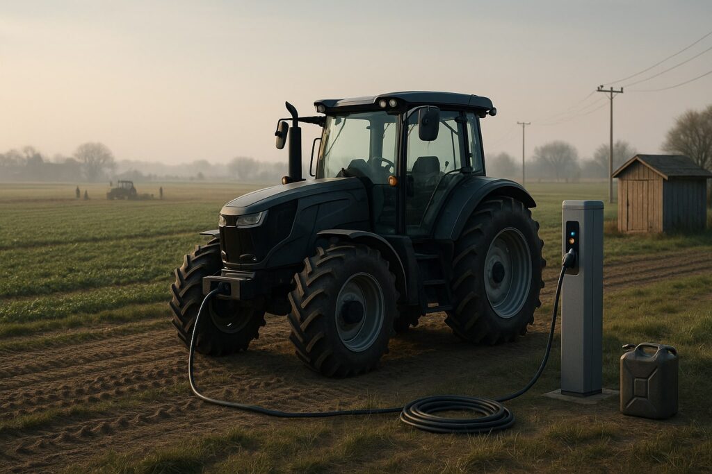 Electric tractor charging from a simple pedestal at the edge of a cropped field, with a diesel jerrycan nearby, distant workers and a traditional tractor in the background under soft daylight; representational image.