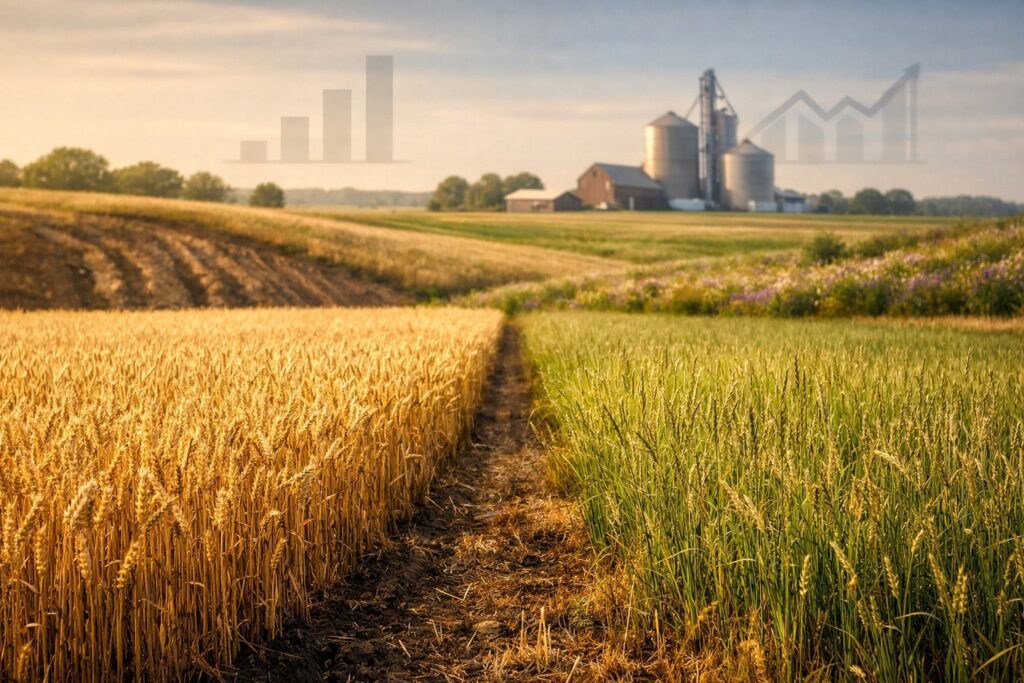 Conventional annual wheat (left) versus experimental perennial grain like Kernza (right) in a Midwestern-style field. The deeper-rooted stand offers fuller ground cover and fewer erosion scars, but still has to prove it can compete on yield and economics.