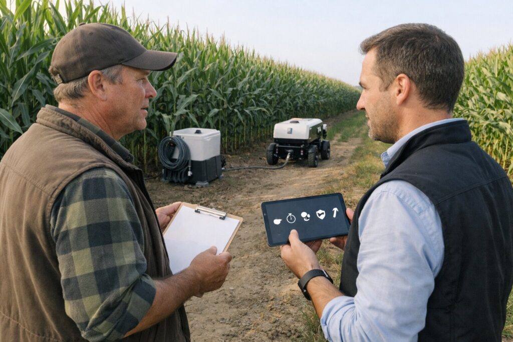 Farmer and agronomy engineer stand at the edge of a tall green cornfield, reviewing a tablet with simple icon graphics while a small autonomous rover applies micro-doses between rows; a compact refill unit sits nearby under soft late-morning light.
