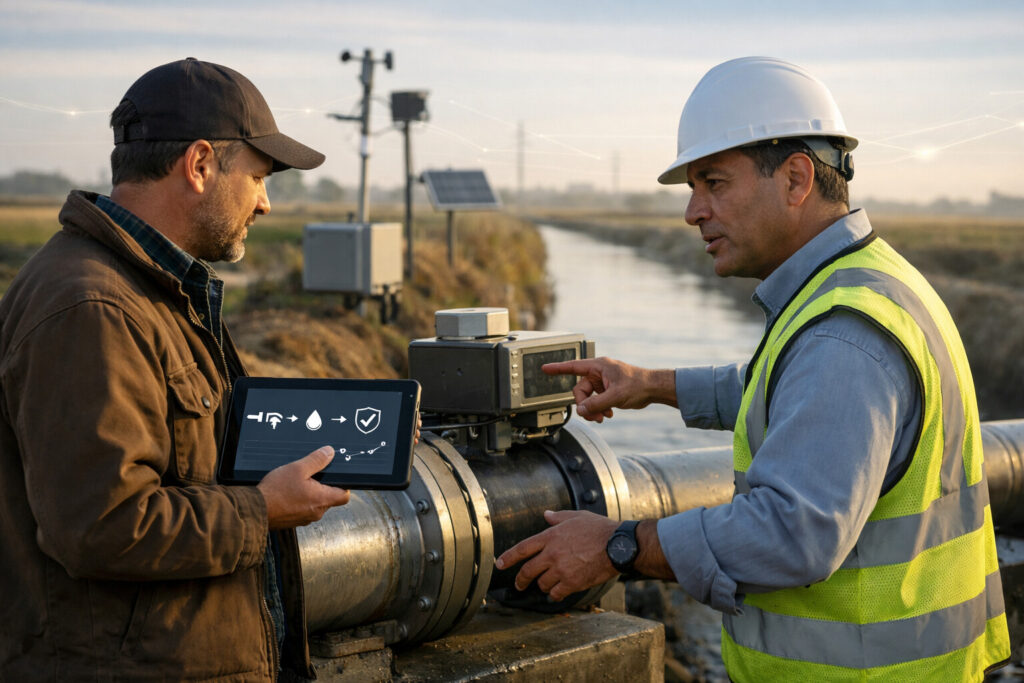 Two professionals stand beside an unbranded irrigation flow meter at a canal edge in early morning light. A farm manager in practical workwear holds a rugged tablet displaying abstract water-verification icons, while a water-district engineer in a safety vest and hard hat points to the meter, explaining the system. In the background, a weather station and small solar telemetry unit sit near the canal, with fields stretching into the distance.