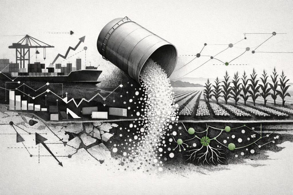 Minimalist black, white, and grey editorial illustration showing a tilted fertilizer storage vessel pouring granules across a split agricultural landscape. On the left, port cranes, a cargo ship, containers, broken arrows, and falling chart bars suggest supply-chain disruption and fertilizer price volatility. On the right, orderly corn rows and an underground root-zone network with muted green biological nodes suggest nitrogen efficiency, biological activity, and more resilient farm input systems. Thin infographic-style lines and dots connect the two sides, creating a strategic, analytical business-news visual.