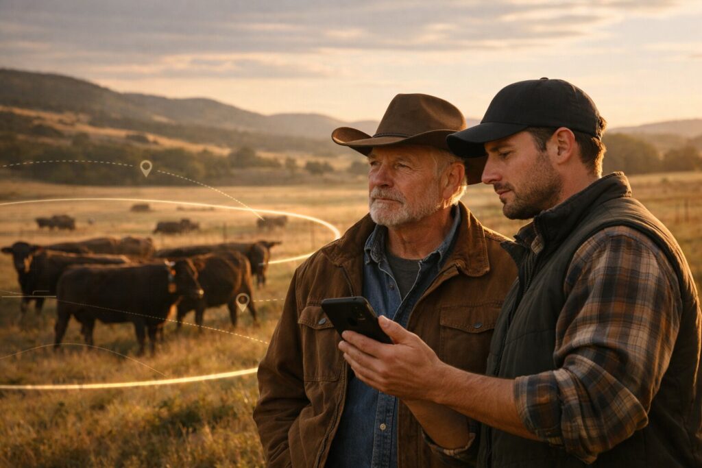 Two ranchers stand in a sunlit pasture at golden hour, one holding a smartphone as they watch cattle graze across rolling hills, with subtle digital overlays suggesting virtual fencing and data-driven livestock management.