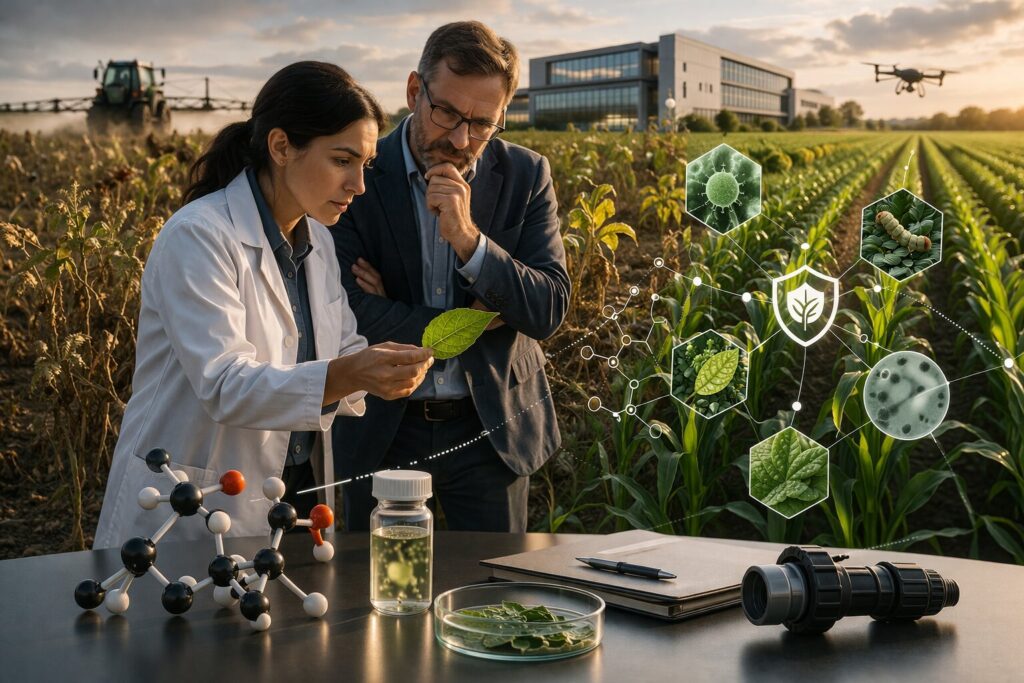 Editorial photo-illustration showing two crop-protection professionals studying a leaf beside a table of research tools, with a stressed field on one side and healthier crop rows on the other, symbolizing a broader next-generation farm-input toolbox blending biology, chemistry, and precision agriculture.