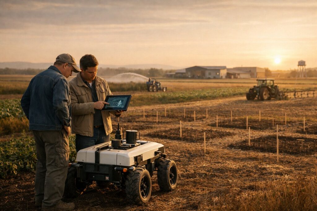 Farmer and agricultural researcher review data on a tablet beside an autonomous field robot in a crop field at sunset, with small marked test plots in the foreground, tractors and irrigation in the mid-ground, and a distant farm research facility on the horizon, illustrating real-world agtech testing and validation.